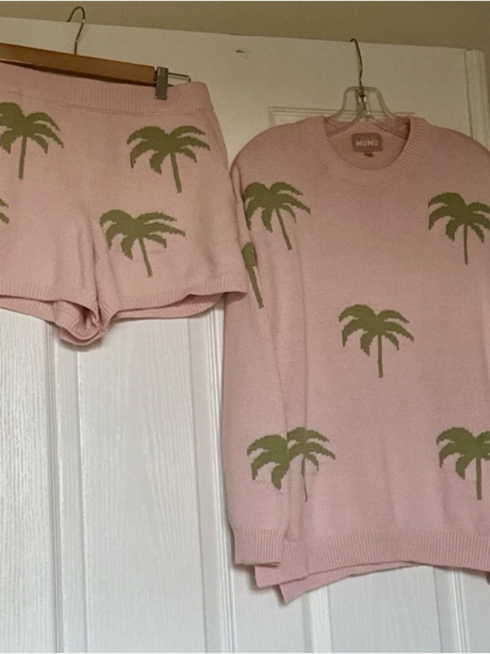 Show Me Your MuMu Pink Crewneck Sweater Set with Green Palm Motif